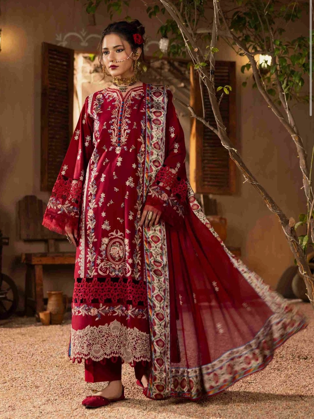 Embroidered Maroon Traditional Suit with Detailed Dupatta